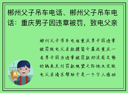 郴州父子吊车电话、郴州父子吊车电话：重庆男子因违章被罚，致电父亲救援